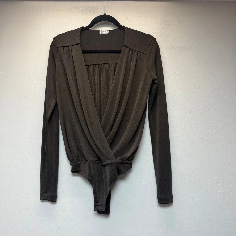 Free People Bodysuit Womens Small Brown Excellent Wrap Draped Long Sleeve 9978